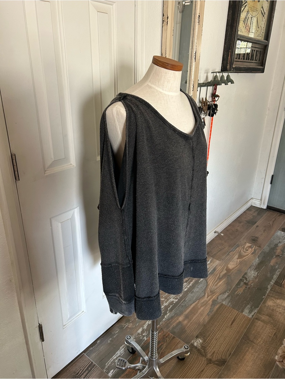 Free People Black Cold-Shoulder V-Neck Pullover